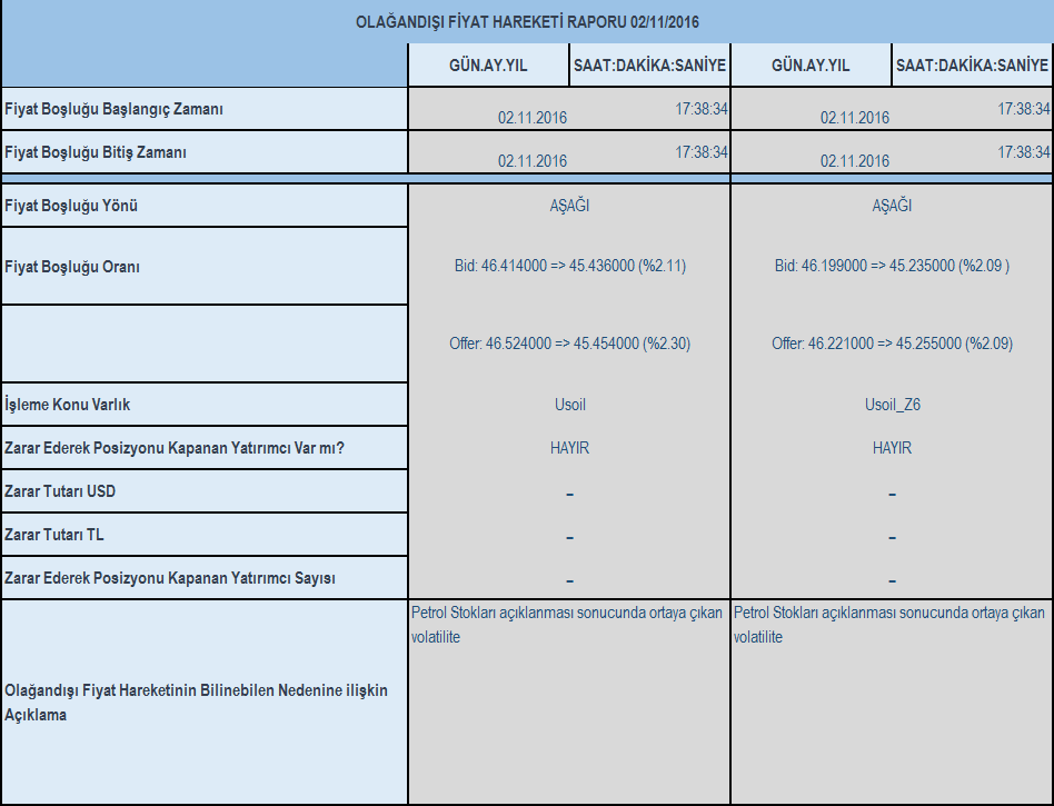 Olağandışı fiyat hareketi raporu 02/11/2016