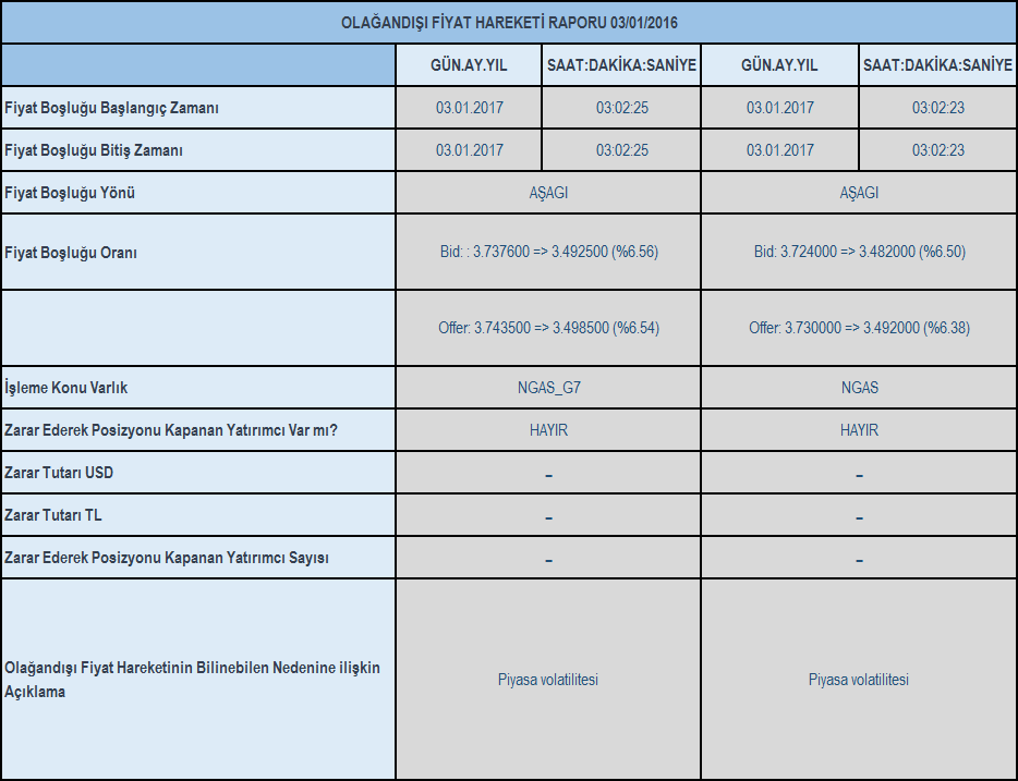 Olağandışı fiyat hareketi raporu 03/01/2017