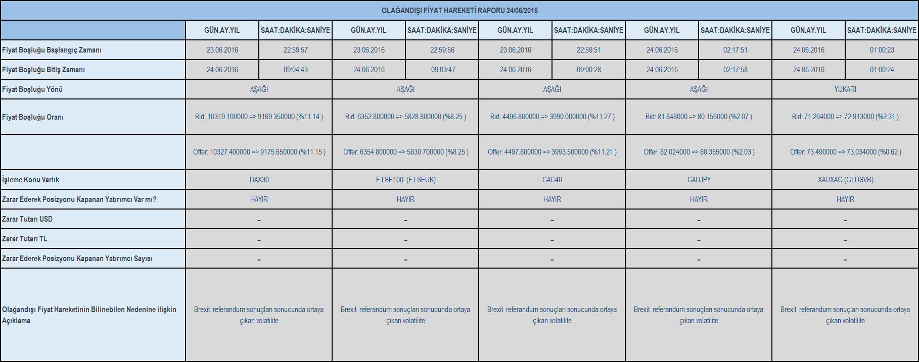 Olağandışı fiyat hareketi raporu 24/06/2016